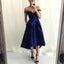 Off-Shoulder High Low Dark Blue Satin Cheap Bridesmaid Dresses with Pockets, QB0138