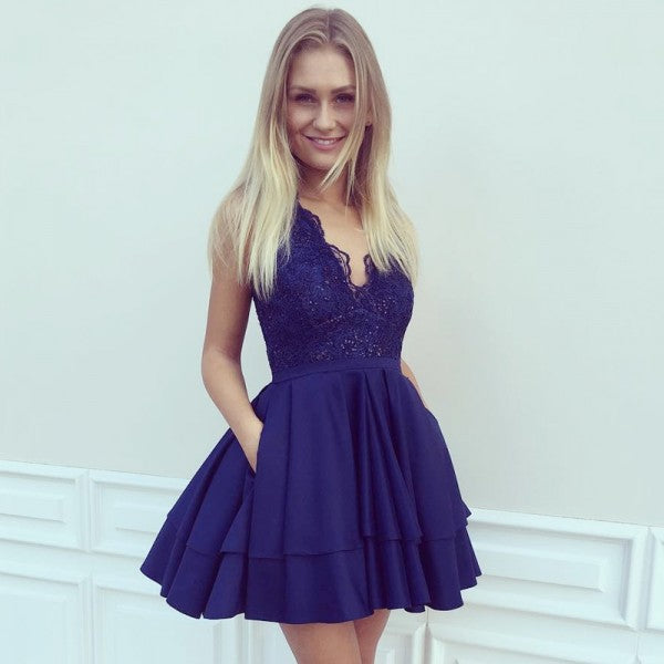 A-Line V-Neck Short Dark Blue Cheap Homecoming Dresses with Lace Pocket, QB0054