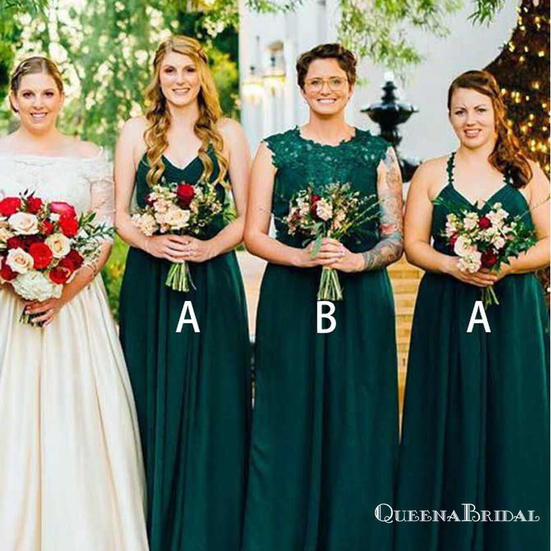 A-Line Spaghetti Straps Dark Green Chiffon Bridesmaid Dresses with Lace, QB0703