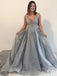 Dusty Blue Sexy Prom Dresses Deep V Neck Beaded Sequin Plus Size Prom Dresses, QB0295