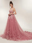 See Through Dusty Pink Lace A-line Long Evening Prom Dresses, QB0377
