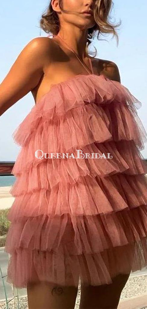 Halter Dusty Pink Tulle Short Cheap Party Homecoming Dresses, HDS0036
