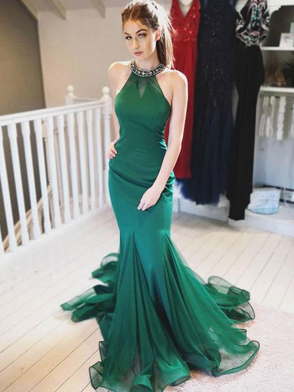 Halter Beaded Emerald Green Mermaid Long Evening Prom Dresses, QB0422