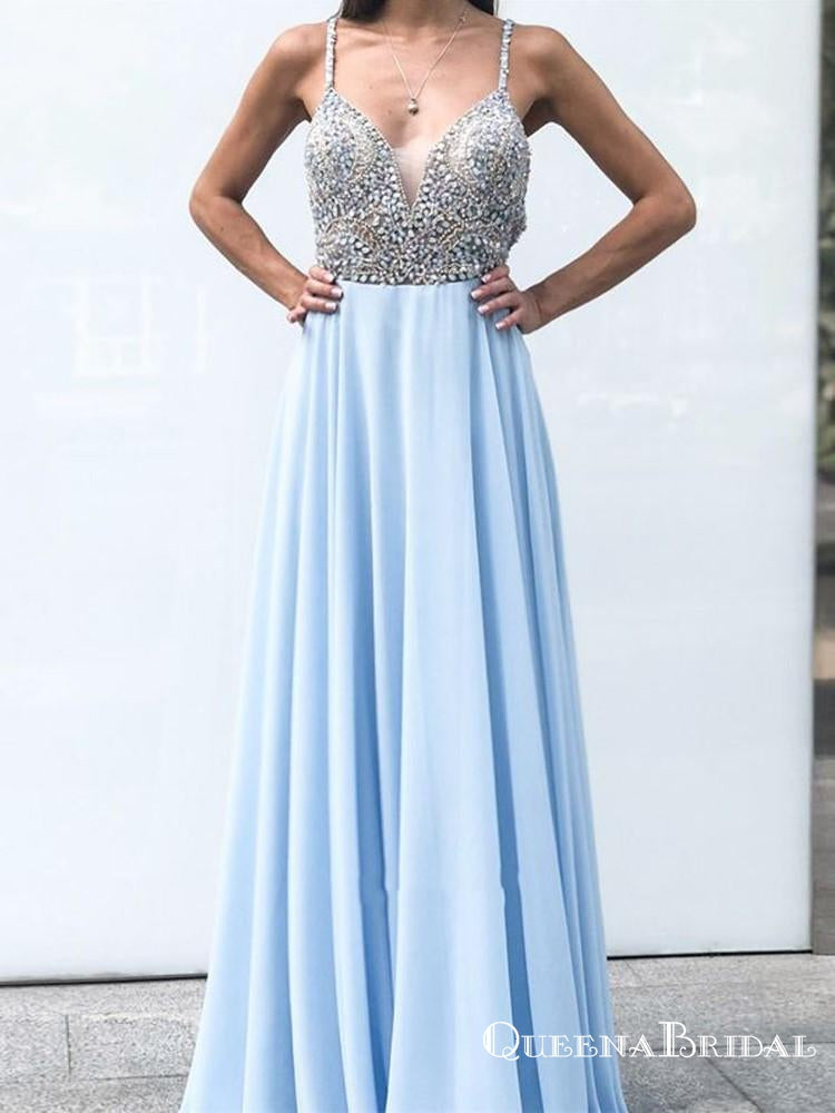 Gorgeous V Neck Spaghetti Strap Chiffon Light Blue Long Prom Dresses with Beaded, QB0605