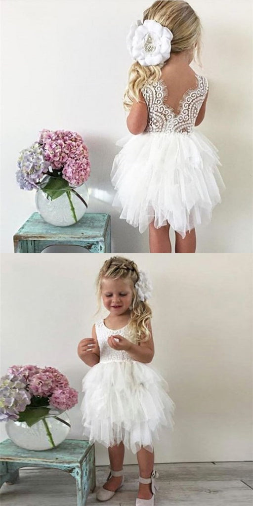 Ball Gown Jewel V-Back Tiered Tulle Cheap Flower Girl Dresses with Lac ...