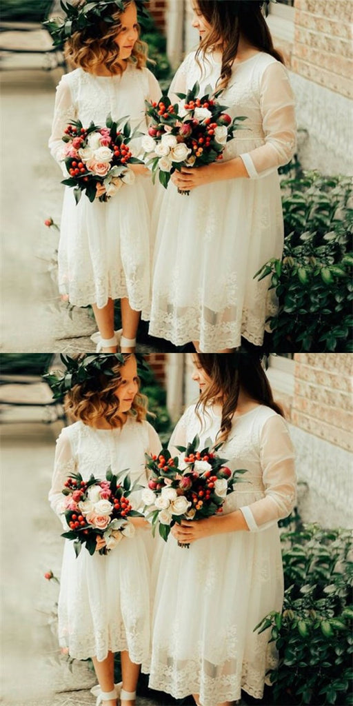 Cute Round Neck 3/4 Sleeves Lace Long Cheap Flower Girl Dresses, QB0110