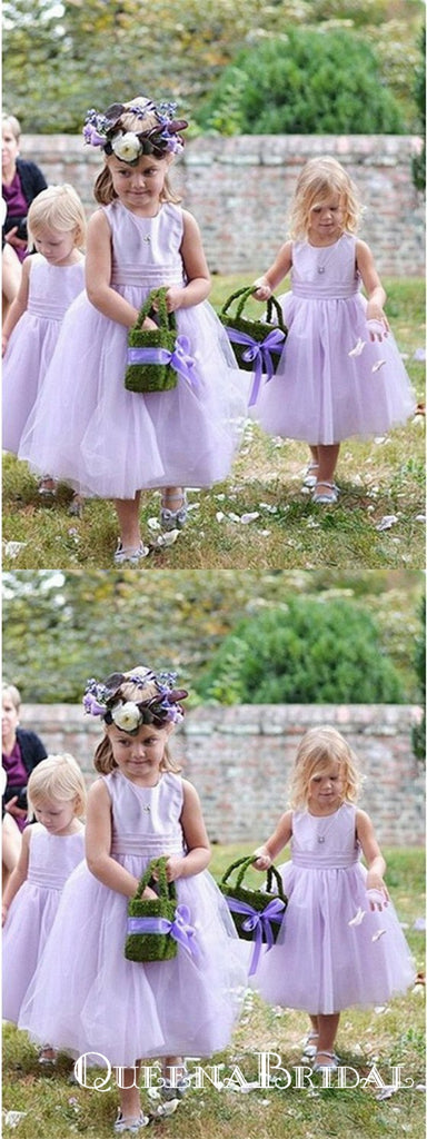A-Line Scoop Neck Sleeveless Purple Tea Length Flower Girl Dresses, QB0822