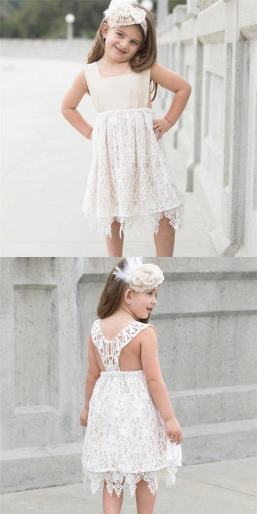 Cute A-Line Square Neck Open Back Lace Flower Girl Dresses with Handmade Flower, QB0101