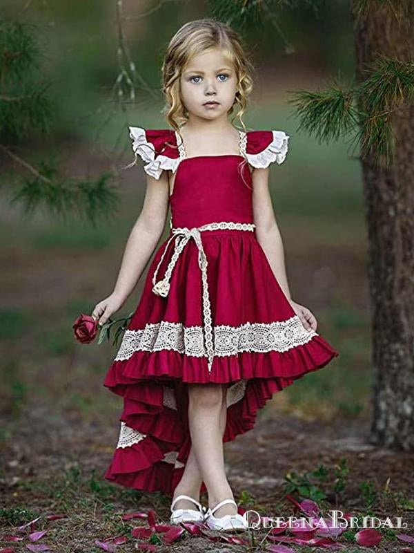 Cute Square Neck Red Satin High-low Long Cheap Flower Girl Dresses, FGS0006