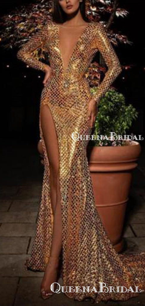 Sexy Deep V-neck Long Sleeves Sparkly Gold Sequin Mermaid Long Cheap Evening Prom Dresses, PDS0004