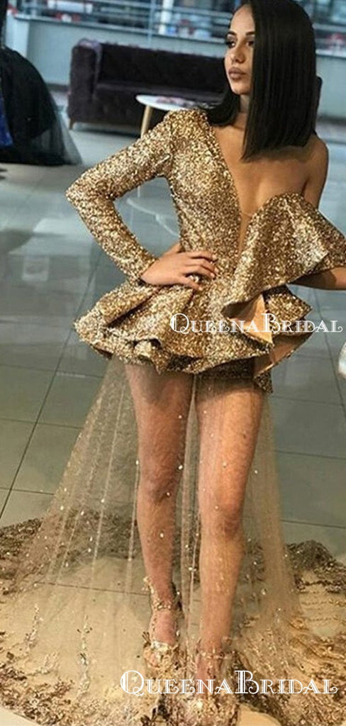 Unique Design One Shoulder Long Sleeves Sparkly Gold Sequin Long Cheap Formal Prom Dresses, PDS0007