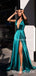 Sexy Deep V-veck Green Elastic-Silk Sleeveless A-line Side Slit Long Cheap Prom Dresses, QB0957