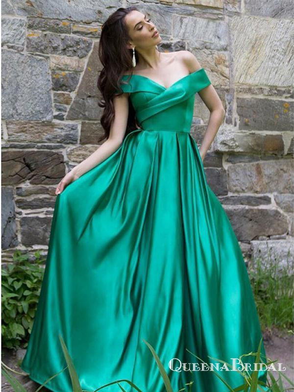A-Line Off the Shoulder Green Floor Length Formal Prom Dresses, QB0768
