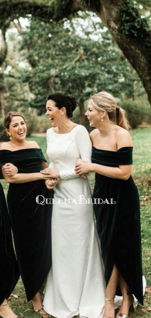 Off-The-Shoulder Green Velvet Long Cheap Bridesmaid Dresses, BDS0120