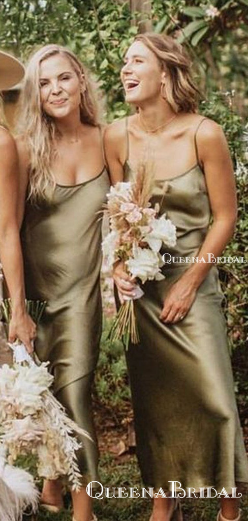 Simple Sexy Spaghetti Strap Green Elastic Silk  Sheath Ankle-Length Cheap Bridesmaid Dresses, BDS0049