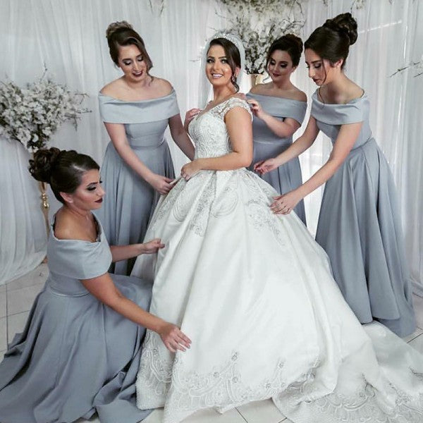 A-Line Off Shoulder Long Cheap Grey Satin Bridesmaid Dresses Online, QB0021