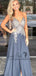 Elegant Spaghetti Straps Grey Beaded Long Evening Prom Dresses, QB0451