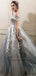 Off Shoulder Grey Lace Beaded A-line Long Evening Prom Dresses, QB0439