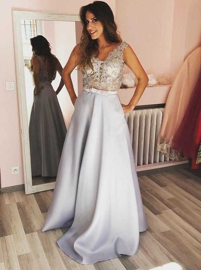 Sexy Lace See Through Grey A-line Long Evening Prom Dresses, QB0426