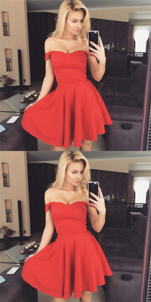 Sexy Off-Shoulder Short Cheap Red Satin Homecoming Dresses, QB0182