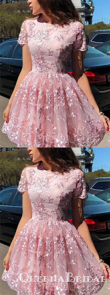 Elegant Short Sleeve Pink Lace Mini Party Gowns Homecoming Dresses, QB0839