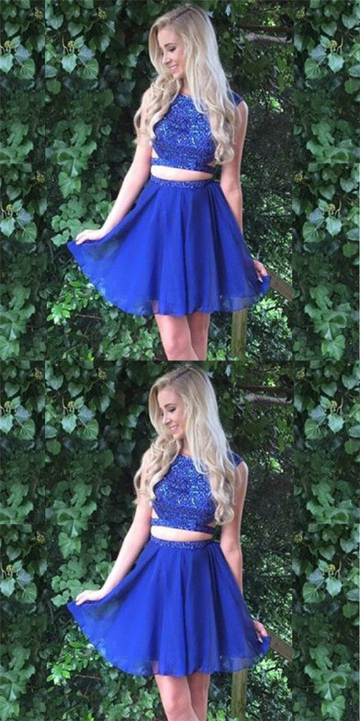 Two Piece Jewel Short Cheap Royal Blue Homecoming Dresses with Beading, QB0177