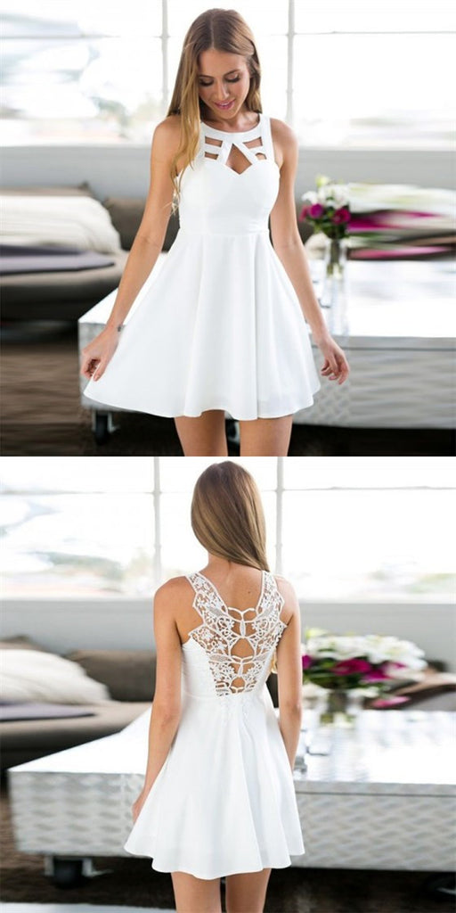 Sexy Jewel Keyhole White Short Cheap Homecoming Dresses with Lace, QB0200