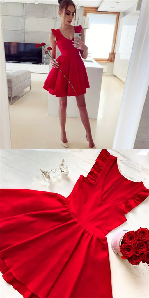 Sexy V-Neck Sleeveless Cheap Red Satin Short Homecoming Dresses, QB0212