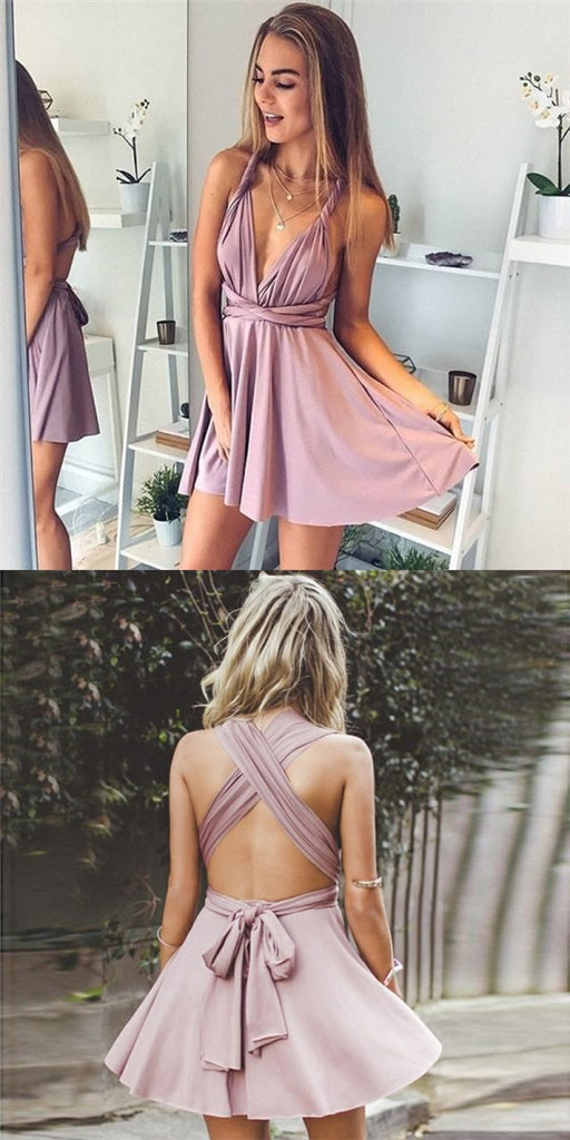 Sexy Deep V-Neck Short Cheap Blush Pink Homecoming Dresses, QB0217