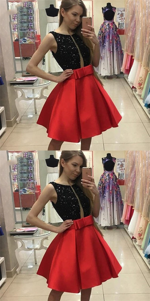 Sexy Jewel Red Satin Short Cheap Homecoming Dresses with Sequins & Bow Knot, QB0185