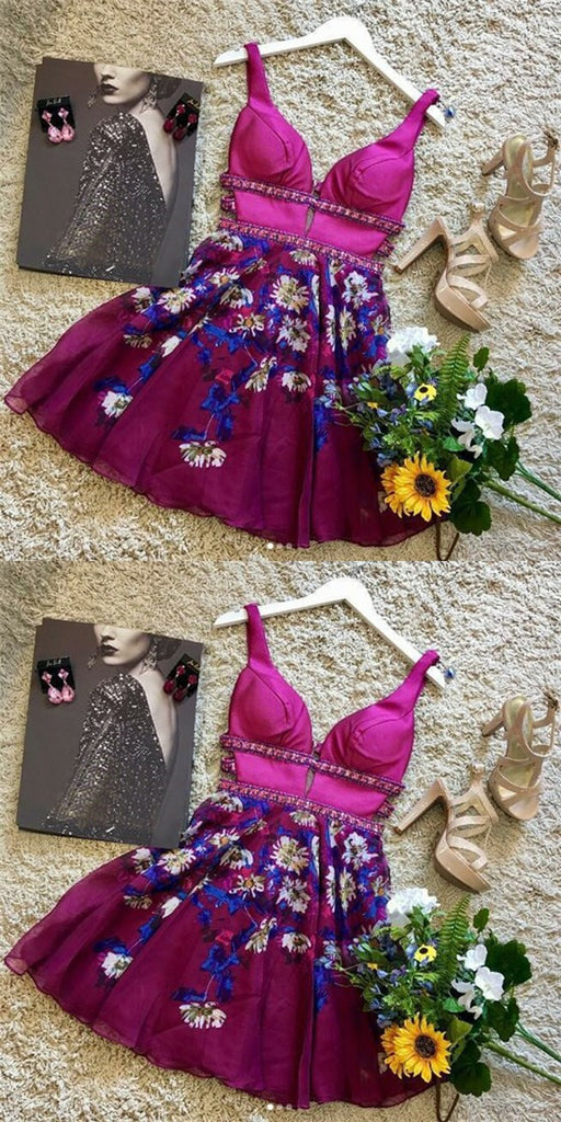 Sexy Deep V-Neck Short Floral Chiffon Homecoming Dresses with Beading, QB0064