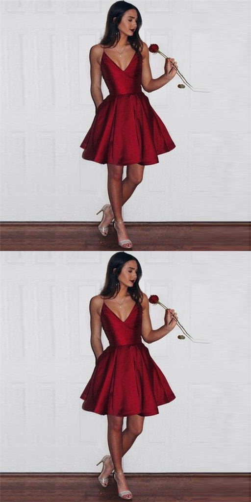 Simple Spaghetti Straps Short Dark Red Satin Homecoming Dresses with Pockets, QB0041