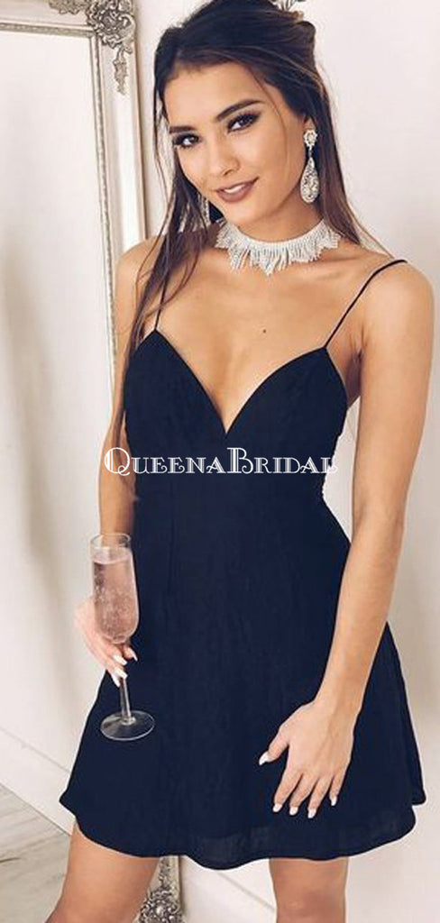 Sexy Spaghetti Strap Backless Short Cheap Black Homecoming Dresses Online, QB0045