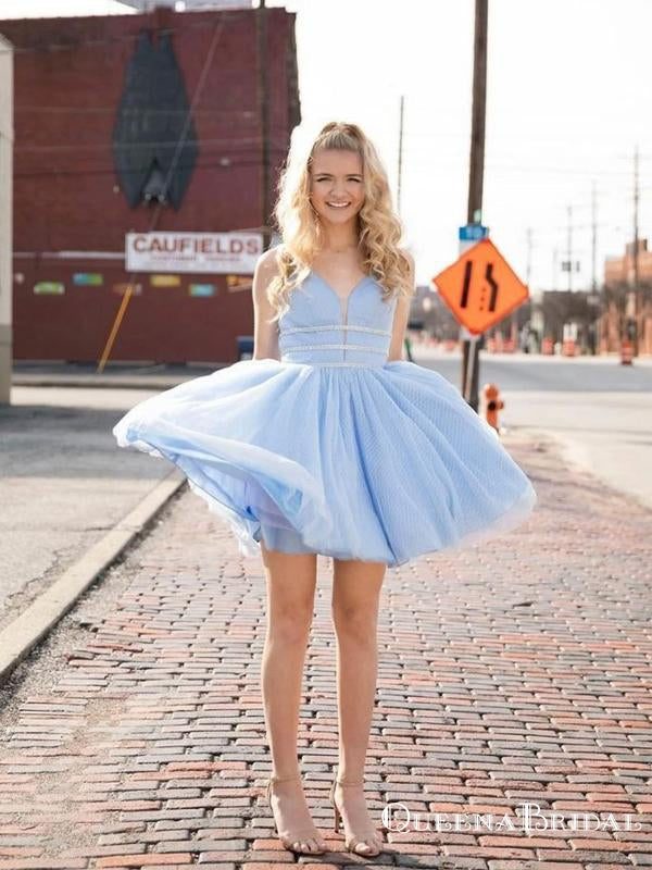 A-line V-neck Light Blue Tulle Short Cheap Party Homecoming Dresses, HDS0021