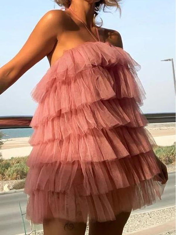 Halter Dusty Pink Tulle Short Cheap Party Homecoming Dresses, HDS0036