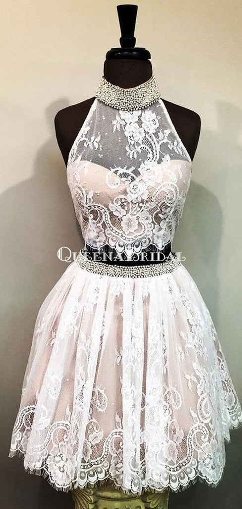 Cheap Halter Two Piece Cute Lace Homecoming Dresses 2018, CM497