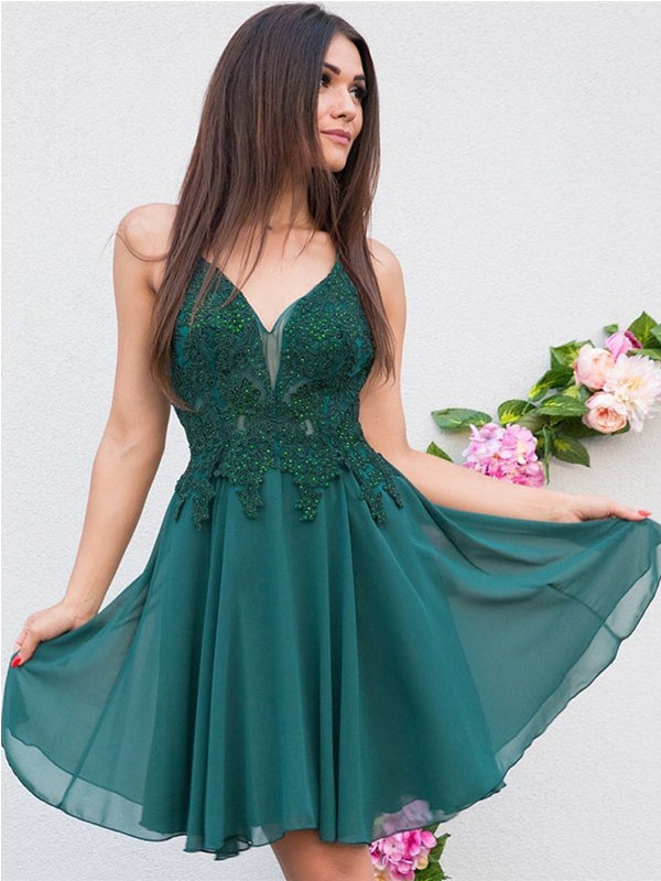A-line Green V-neck Chiffon Short Cheap Party Homecoming Dresses, HDS0035