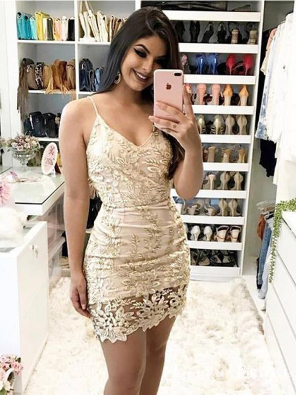 Sexy Spaghetti Straps V-neck Champagne Lace Short Party Homecoming Dresses, HDS0008