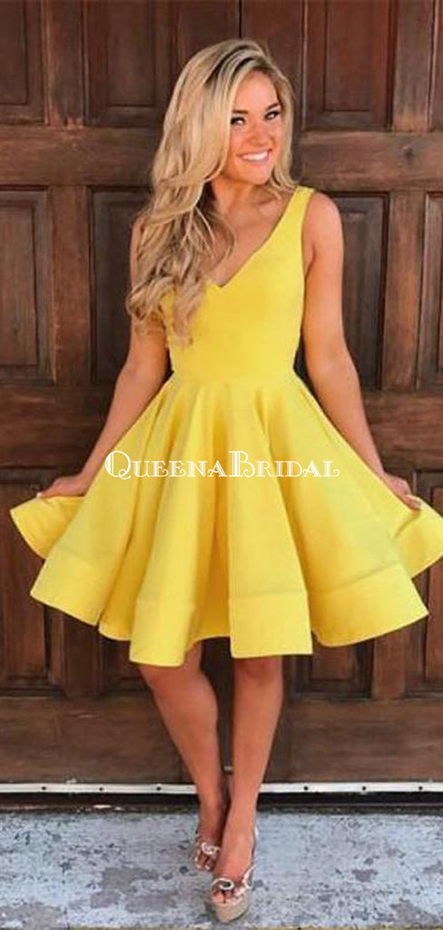 Simple A-Line V-Neck Sleeveless Short Yellow Cheap Homecoming Dresses, QB0042