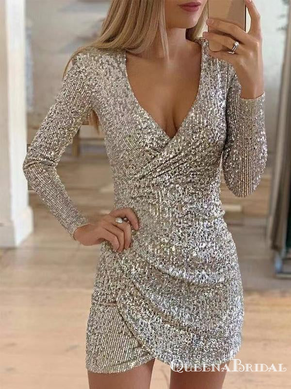 Sparkly Silver Sequin V-neck Long Sleeves Short Party Homecoming Dresses, HDS0004