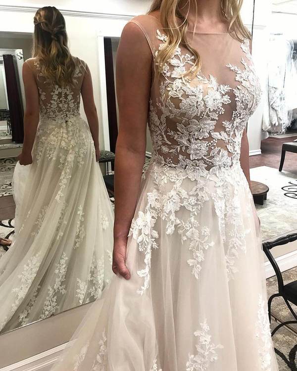 Ivory Lace Wedding Dresses See Through Applique Bridal Dress with Court Train, QB0355