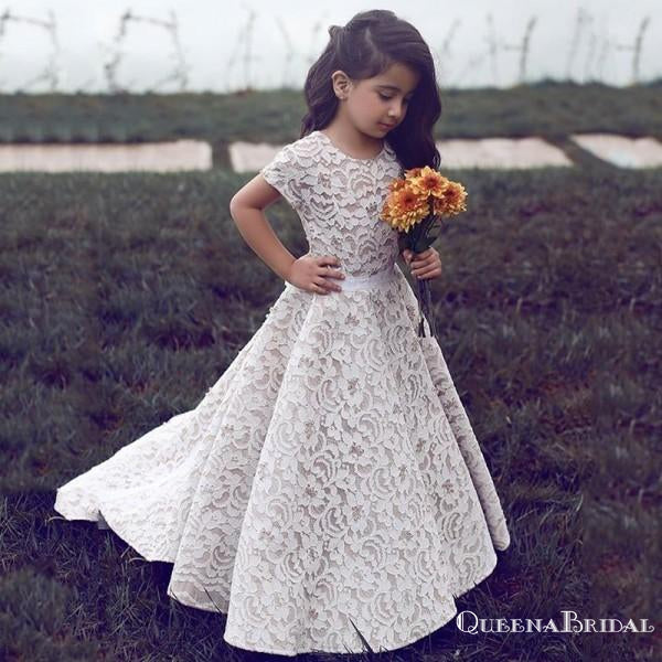 Elegant Jewel Short Sleeves Sweep Train Ivory Lace Long Cheap Flower Girl Dresses, QB0079