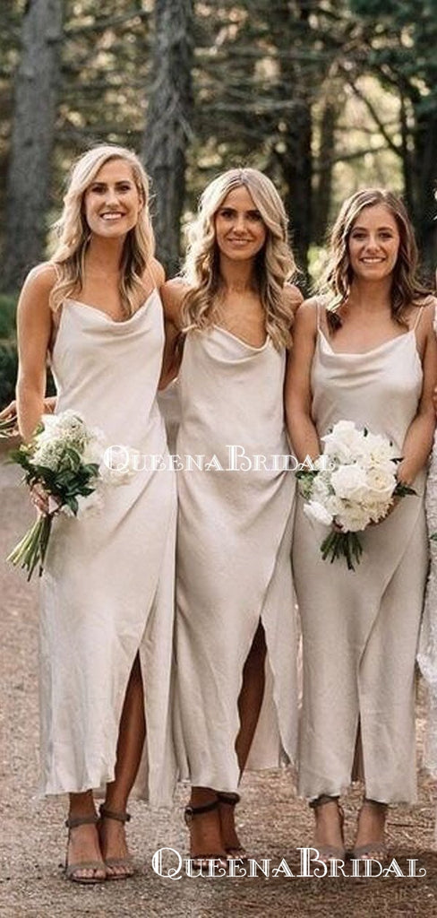 Simple Spaghetti Strap Ivory Elastic Silk Long Cheap Charming Bridesmaid Dresses Online, BDS0072