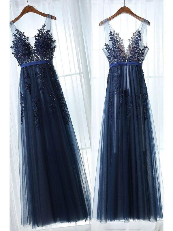 Lace Appliqued Peach Formal Dresses Navy Blue Tulle See Through Prom Dresses, QB0280
