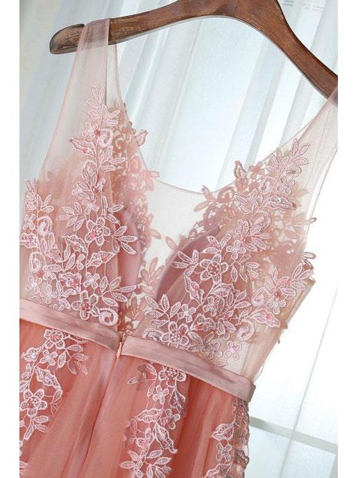 Lace Appliqued Peach Formal Dresses Navy Blue Tulle See Through Prom Dresses, QB0280