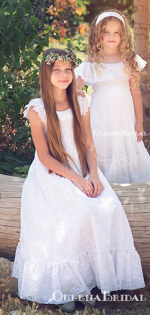 Charming Round Neck Cap Sleeves Lace A-line Long Cheap Flower Girl Dresses, FGS0012