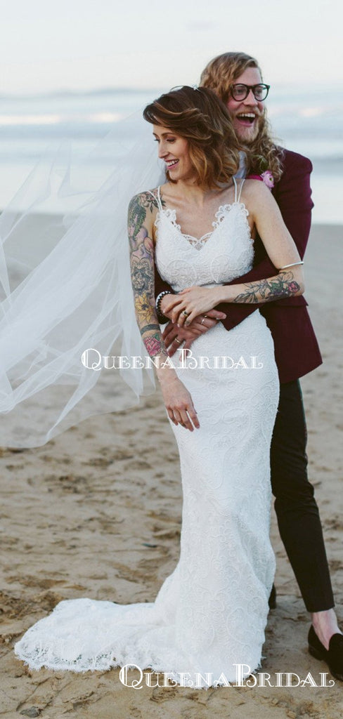 Charming V-neck Sleeveless Lace Mermaid Long Cheap Wedding Dresses, WDS0030