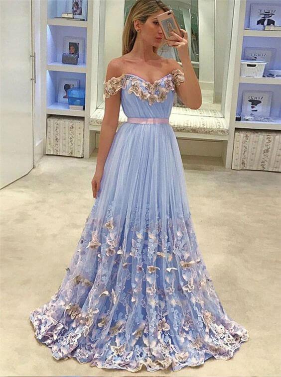 Light Blue Prom Dresses Lace Appliqued Off the Shoulder Long Prom Dresses, QB0337