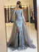Mermaid Off the Shoulder Detachable Train Light Blue Lace Prom Dresses with Lace, QB0233