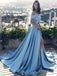 A-Line Off the Shoulder Split Front Light Blue Satin Prom Dresses with Pleats, QB0238
